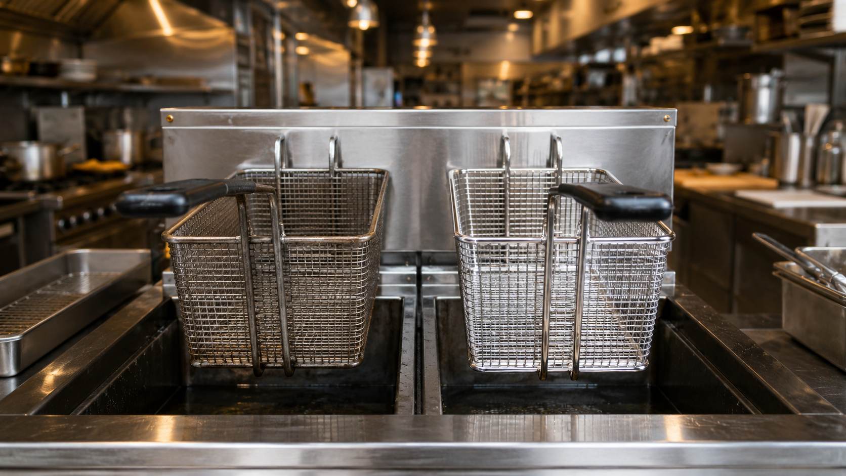 Commercial fryer baskets in a working kitchen fry line